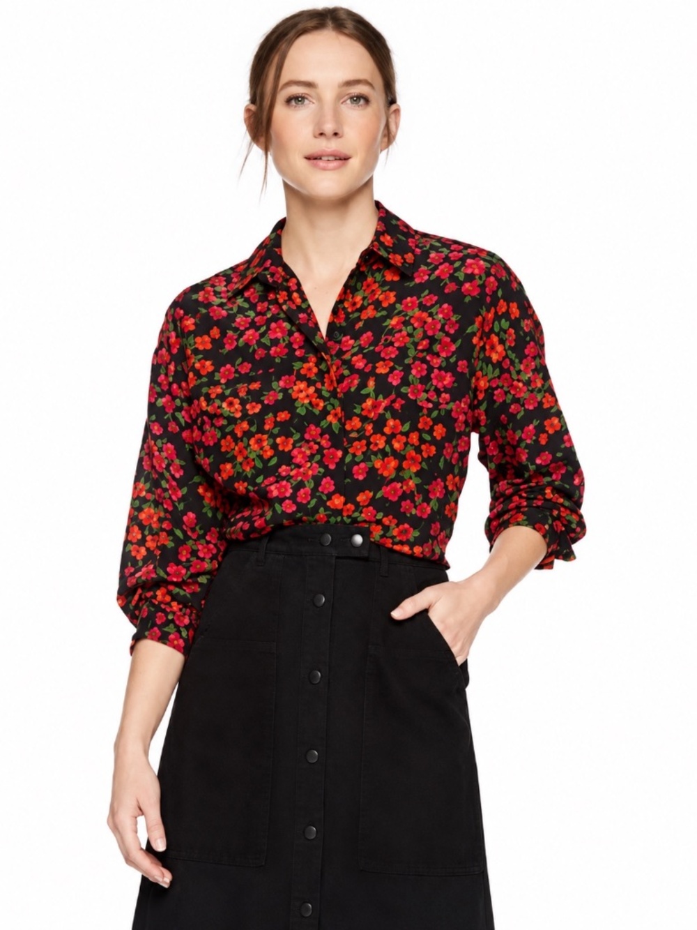 The Kooples Camellia 100% Silk Floral Button Down Blouse Black Pink Women Size L